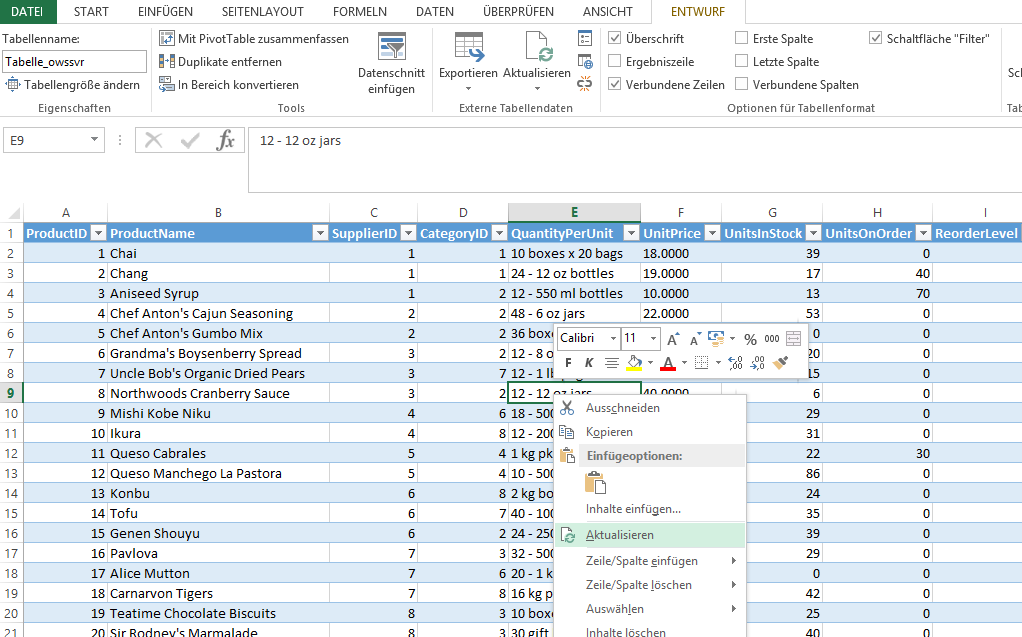 Abbildung 6: Nach Excel exportiere Liste mit Aktualisierungsmöglichkeit